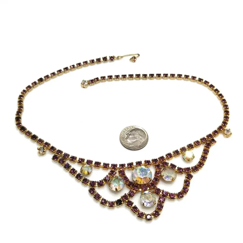 Vintage Purple AB Clear Rhinestone Choker Necklace, Gold Plated, Aurora Borealis